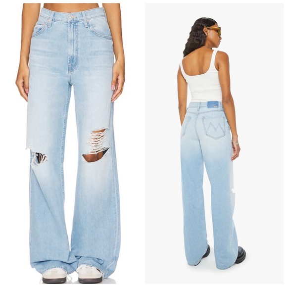 MOTHER Denim - MOTHER High Waisted Spinner Zip Heel In Ripped Off Blue Loose Wide Leg Size 27
